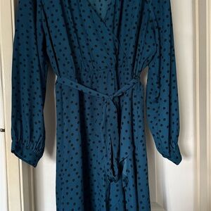 Chic Teal Wrap Dress with Black Dots